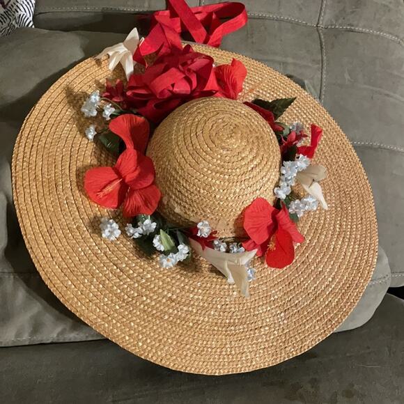 Vintage Accessories - Floral Cottagecore straw hat wide brim